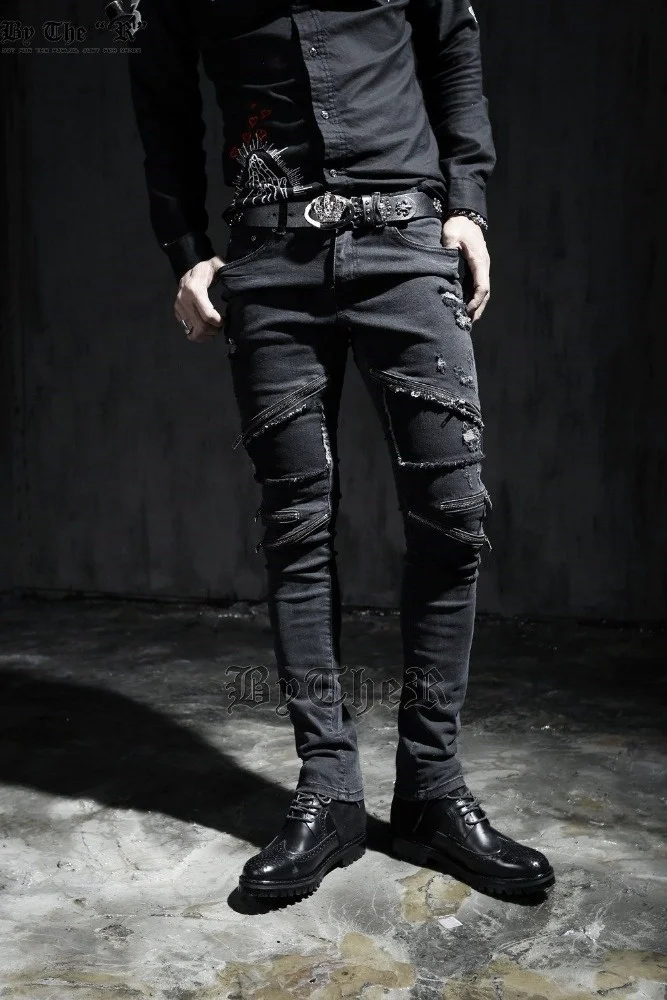 OEM high quality Zipper Vintage Skinny Pants Biker Chic Black moto carbon black jeans 072