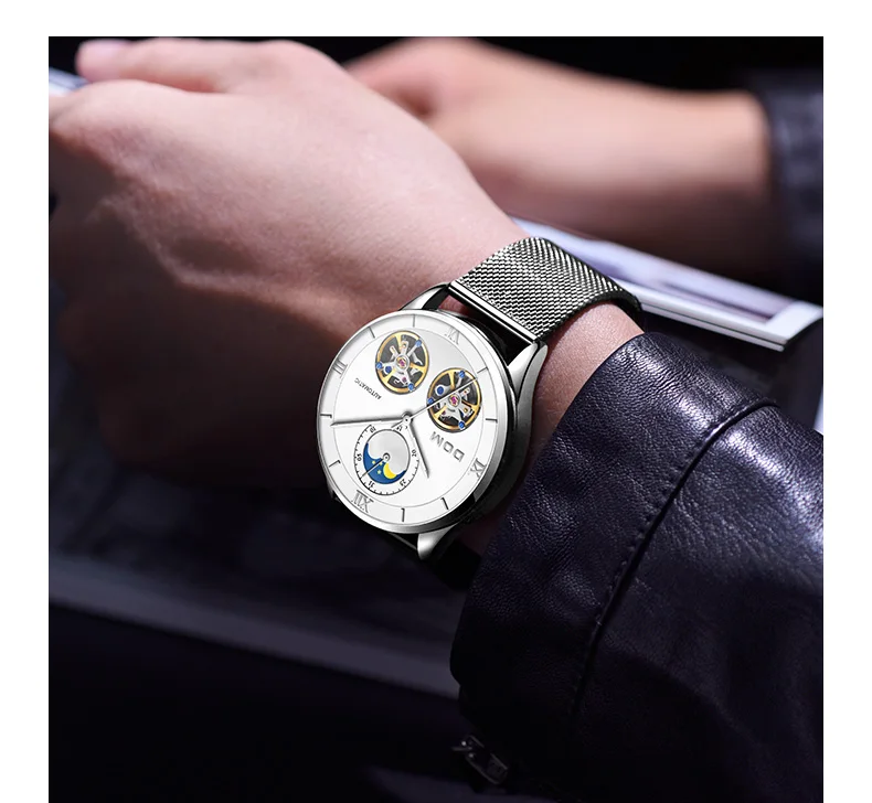 
DOM Mechanical Watches Men Skeleton Watch Automatic Mechanical Mens Watches Waterproof Self-winding Clock Stainless Steel 