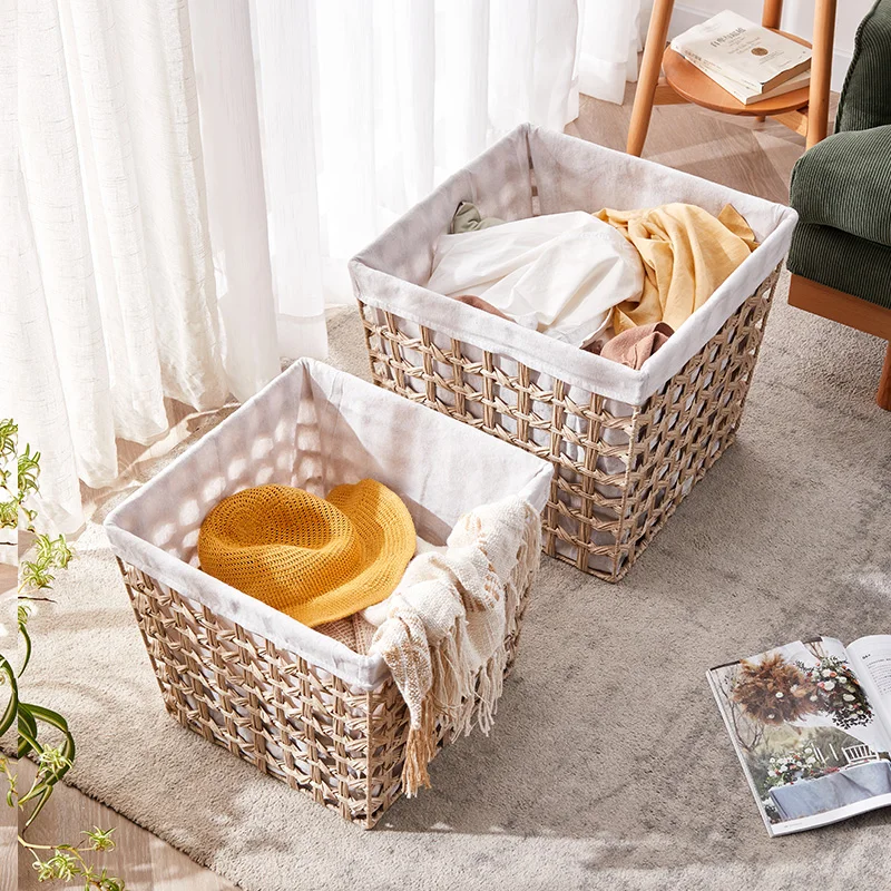 Factory wholesale sundries storage basket laundry basket like rattan woven with pure face linen lining cloth factory packaging