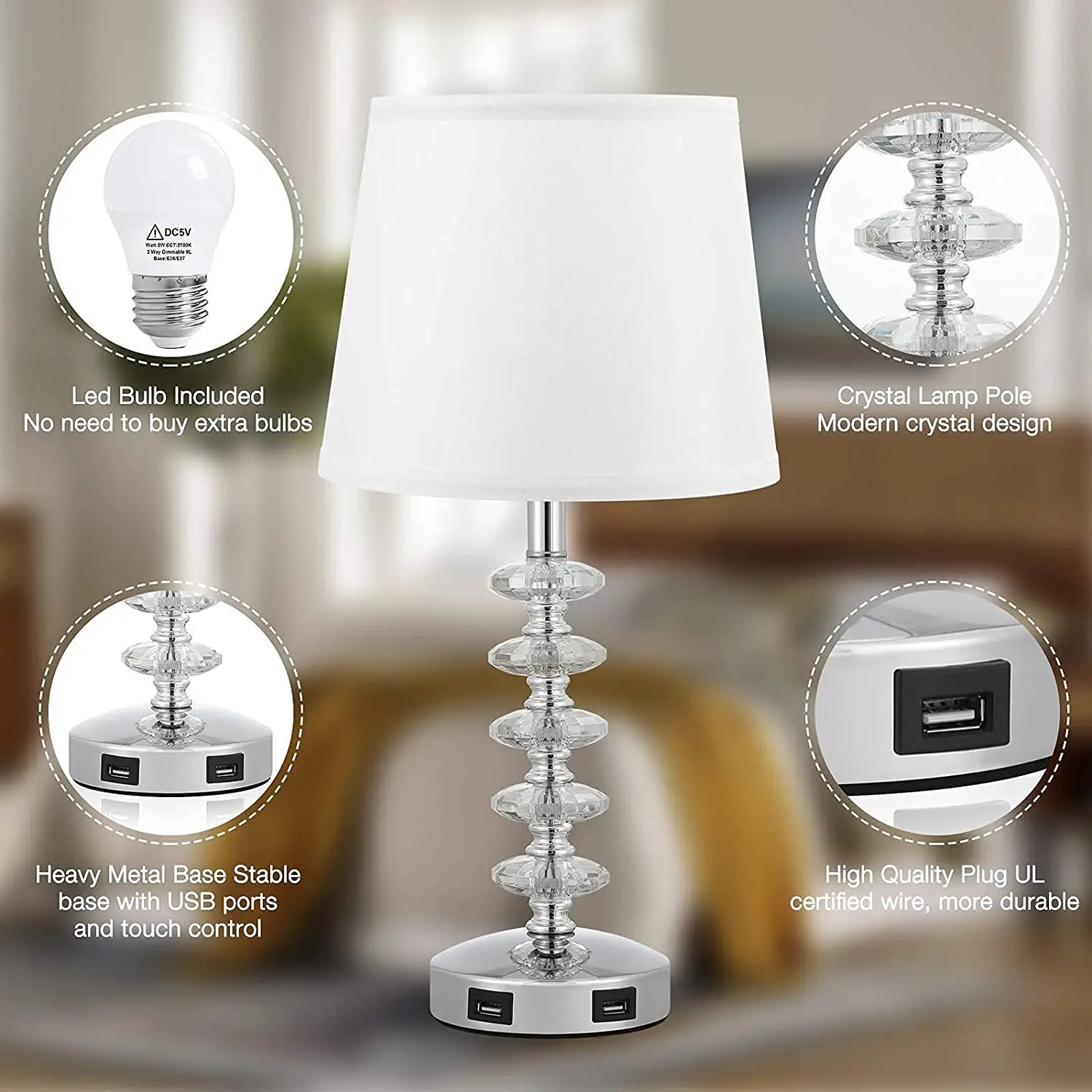 Modern Bedside Lamp Touch Control Crystal Table Lamps 3 Way Dimmable with Dual USB Ports