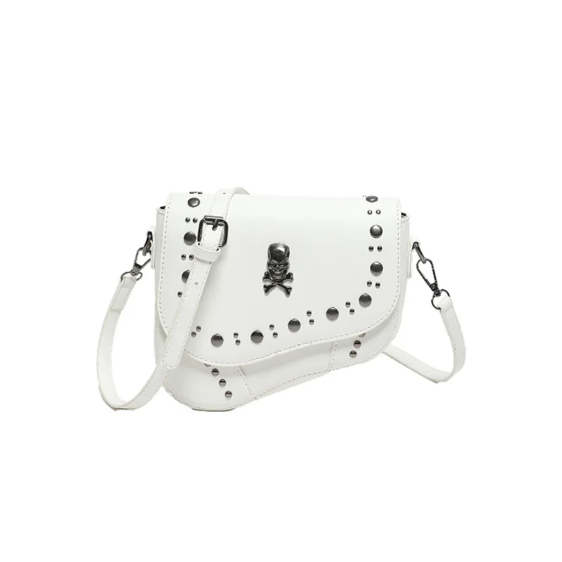 Fashionable Skull Rivet Gothic Bags For Women Pu Leather Simple Street Punk Style Crossbody Shoulder Flap Bags