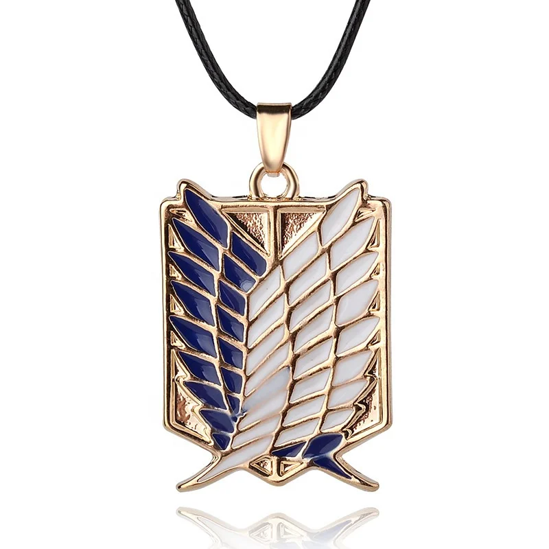 
Wholesale Silver Gold Necklace Pendant Wing Metal Anime Attack On Titan Badge 2 Colors Legion Flag Leather Snap Necklace Jewelry 