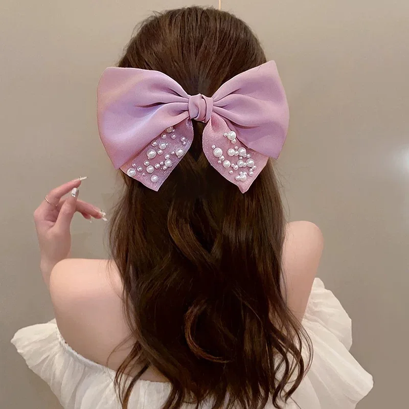 Mori Pearl Hair Clip Women Simple Elegant Bow Top Hair Accessories Fabric Ribbon Sweet Super Fairy Style Spring Metal Plastic