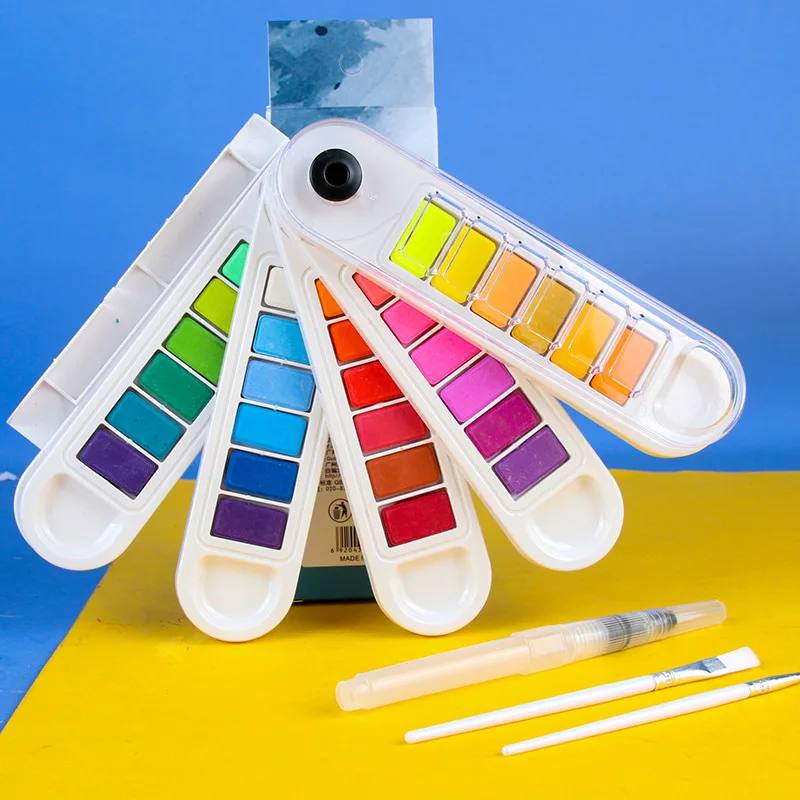 24 Colors Professional Fan Shaped Solid Watercolor Paint Set Portable Gouache Paint Pigment for Student