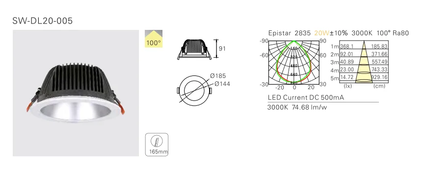 Aluminum Recessed 20W 165mm cut hole Deep Anti-Glare Ceiling LED Down