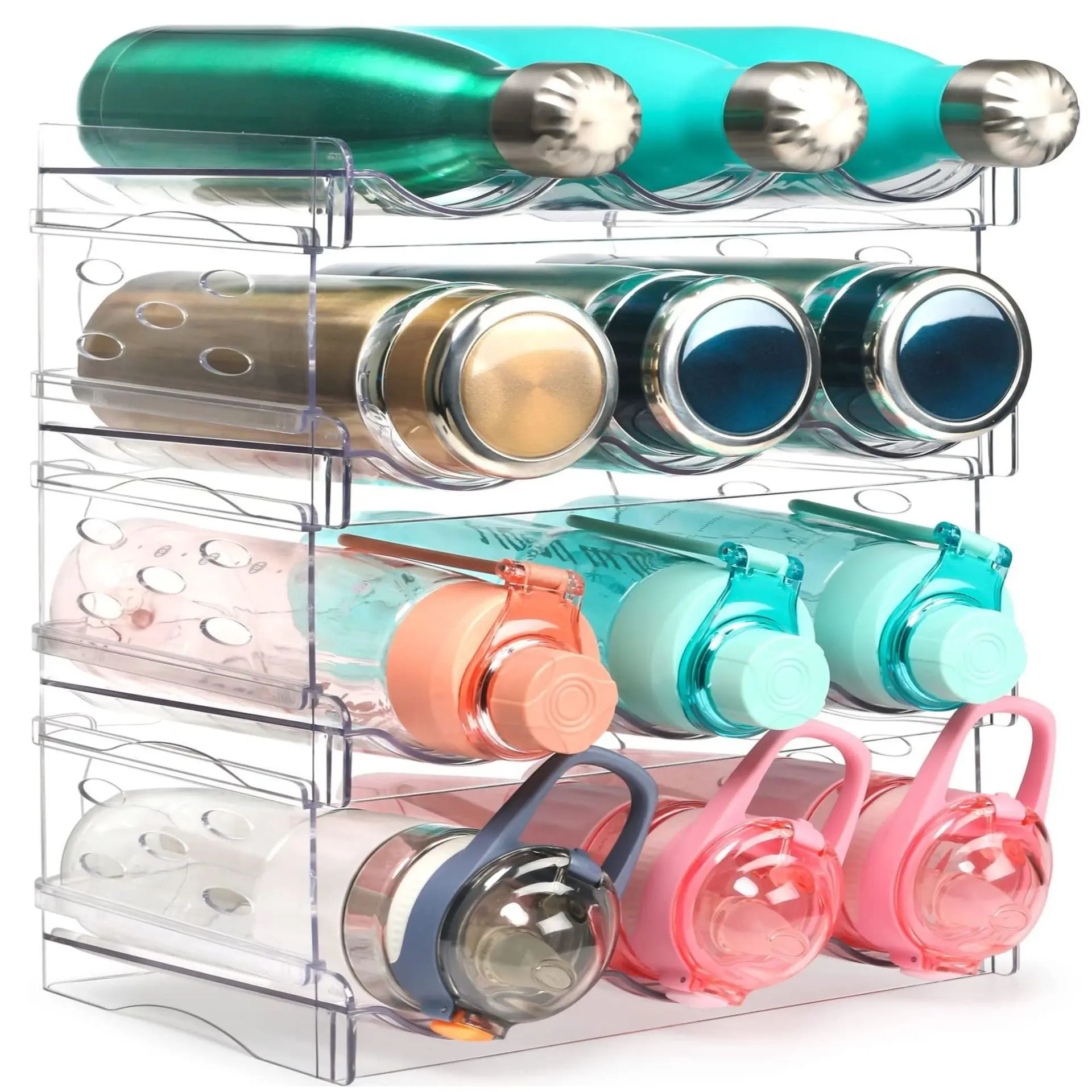 4 Pack BPA-free Clear Stackable Plastic Wine Rack Storage Drink Organizer for Fridge Pantry Water Bottle Holder