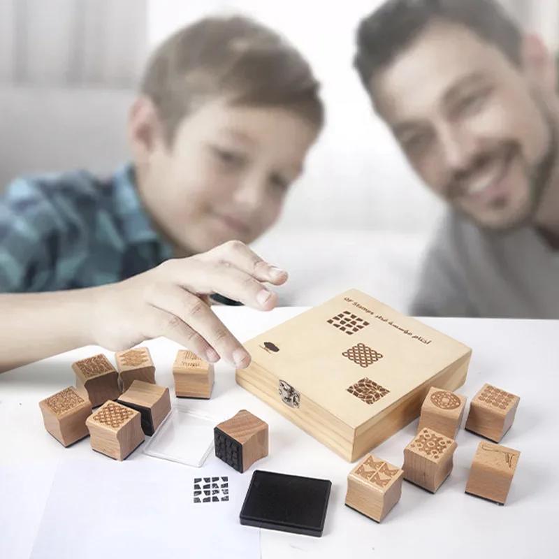 Embossing Logo Cartoon Custom Design DIY Rubber Set Eco Friendly Material wooden stamp set