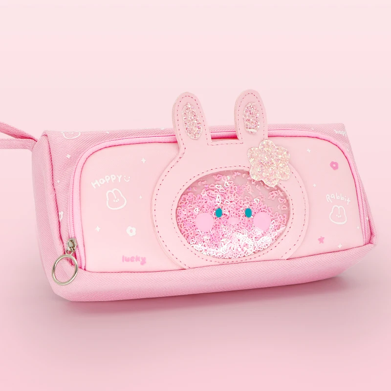 Large-capacity cartoon girl pink stationery storage bag girl pupil transparent window quicksand pencil case