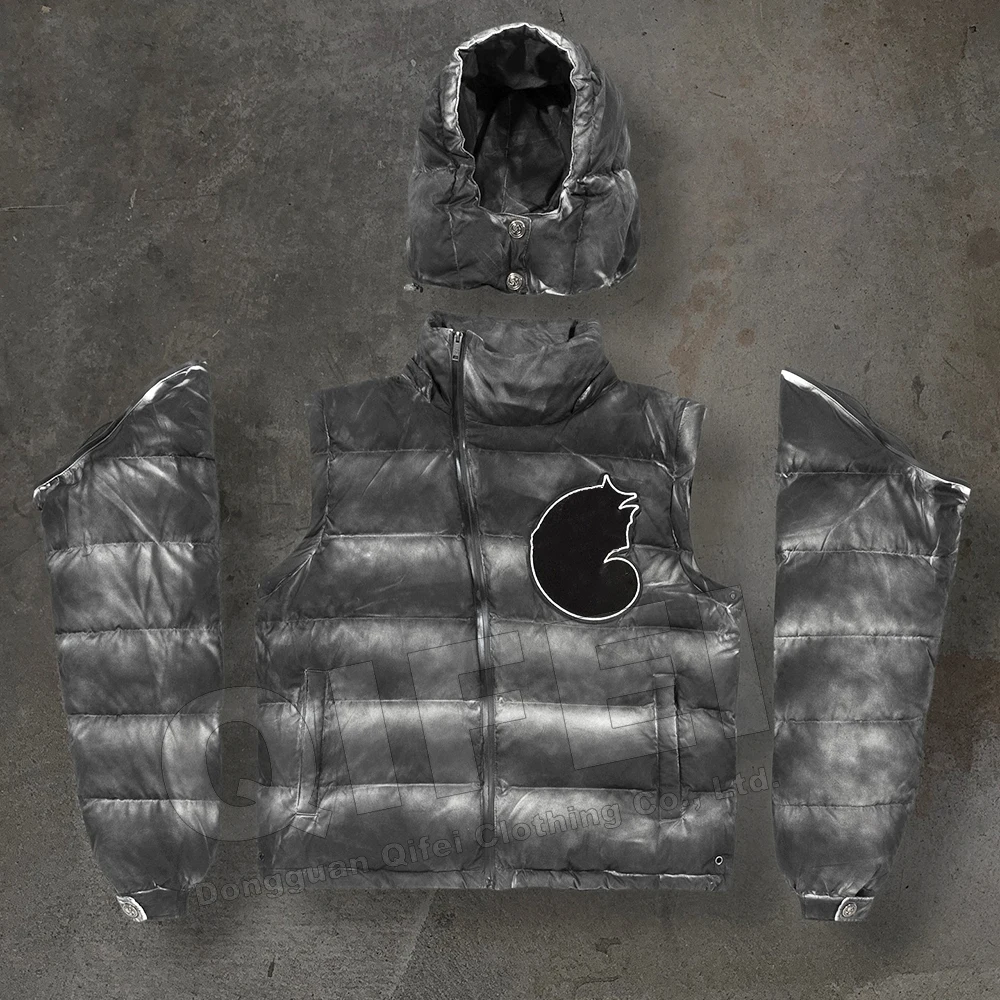 Custom manufacturer bubble bomber zipper coats cropped chenille embroidery winter down puffer jacket with removable hood