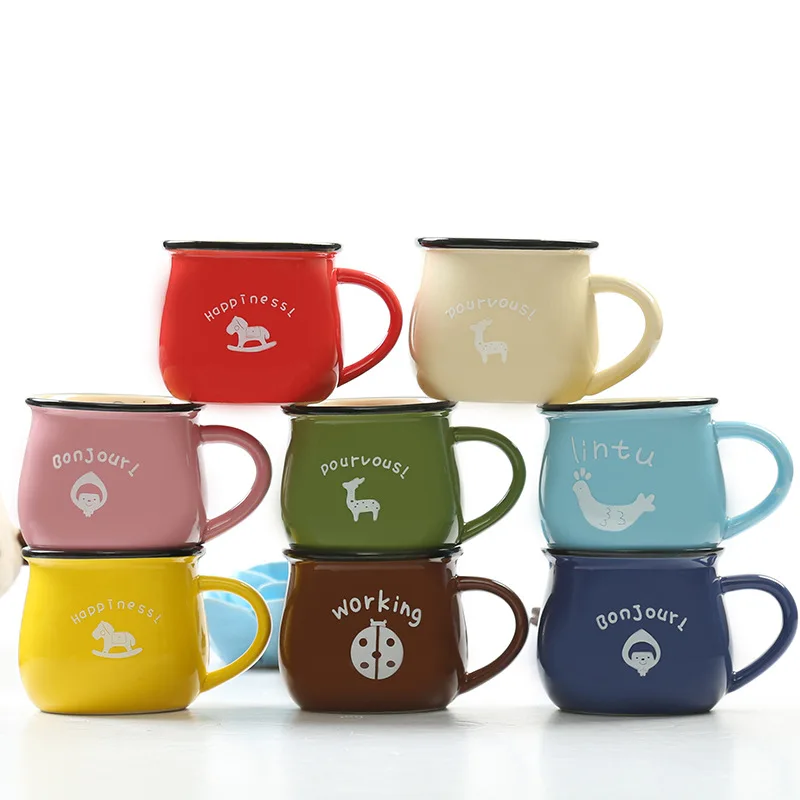 Wholesale 6oz 9oz 14oz Simple Big Belly Ceramic Mugs Custom Logo Printed Cartoon Breakfast Milk Cups For Promotional Gift