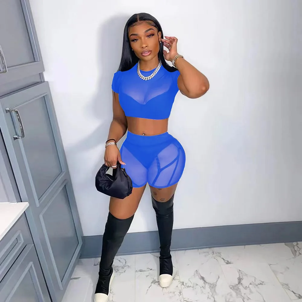 New Stylish European Style Tempting Angle Sexy Angle See Through Short Sleeve Mesh Pant Women Two Piece Set