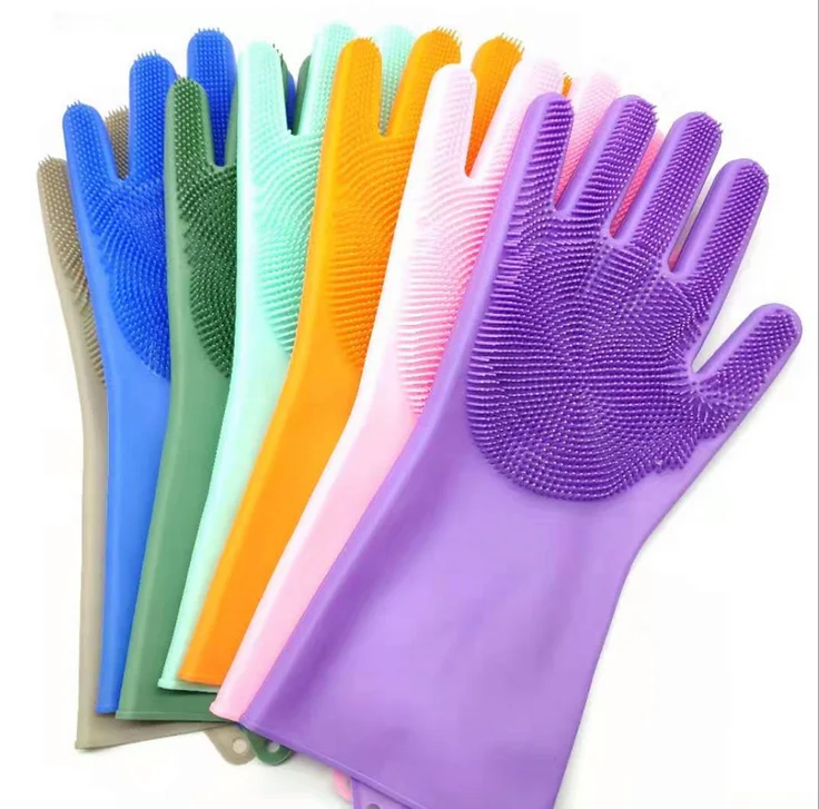 Reusable Silicone Dishwashing Gloves Pair of Rubber Scrubbing Gloves for Dishes