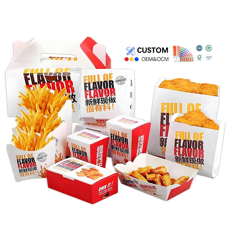 Custom Size Burger Box Disposable Oil Proof Fried Food Paper Packaging Box Chicken Cutlet Sandwich Paper Bag With Logo Print