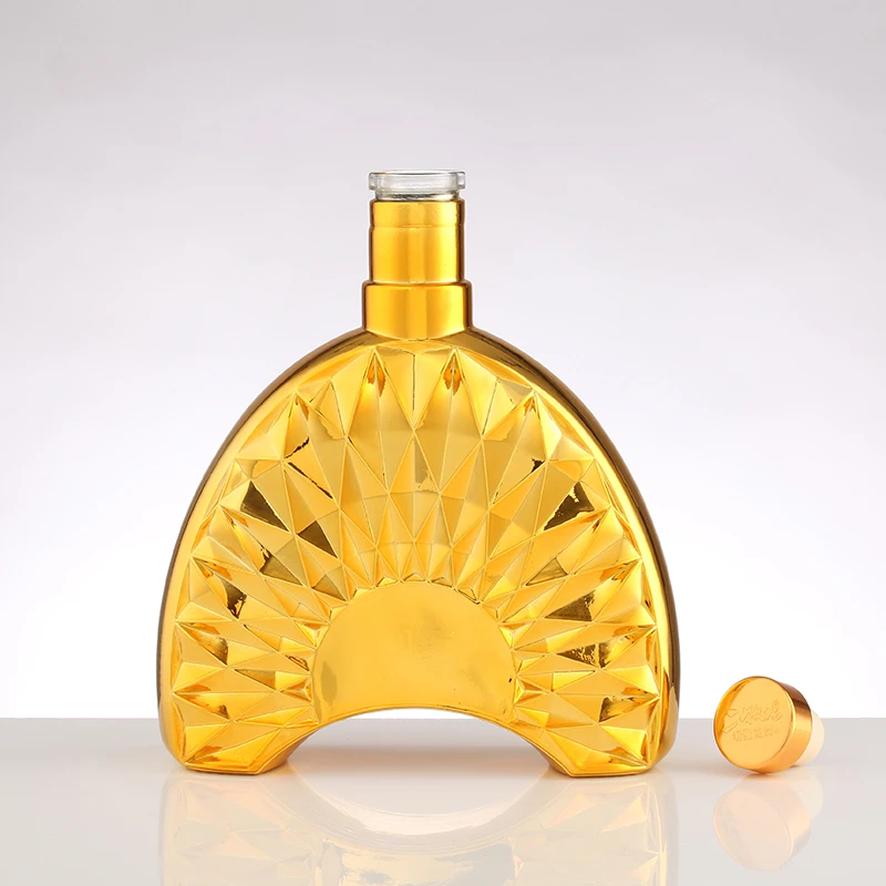 750ml Glass Bottle Gin Tequila Whisky Brandy Glass Alcohol Bottle gold color electroplated with corks