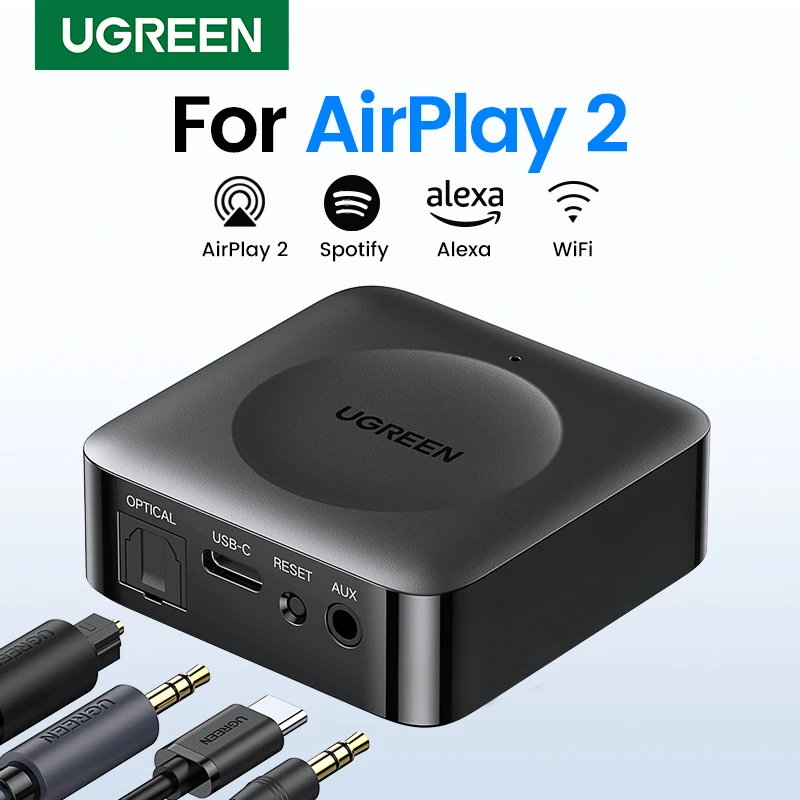 UGREEN WiFi 2.4/5G HiFi Audio Receiver Preamplifier DLNA Optical & 3.5mm Speaker for Airplay2 Music Adapter with Siri Alexa