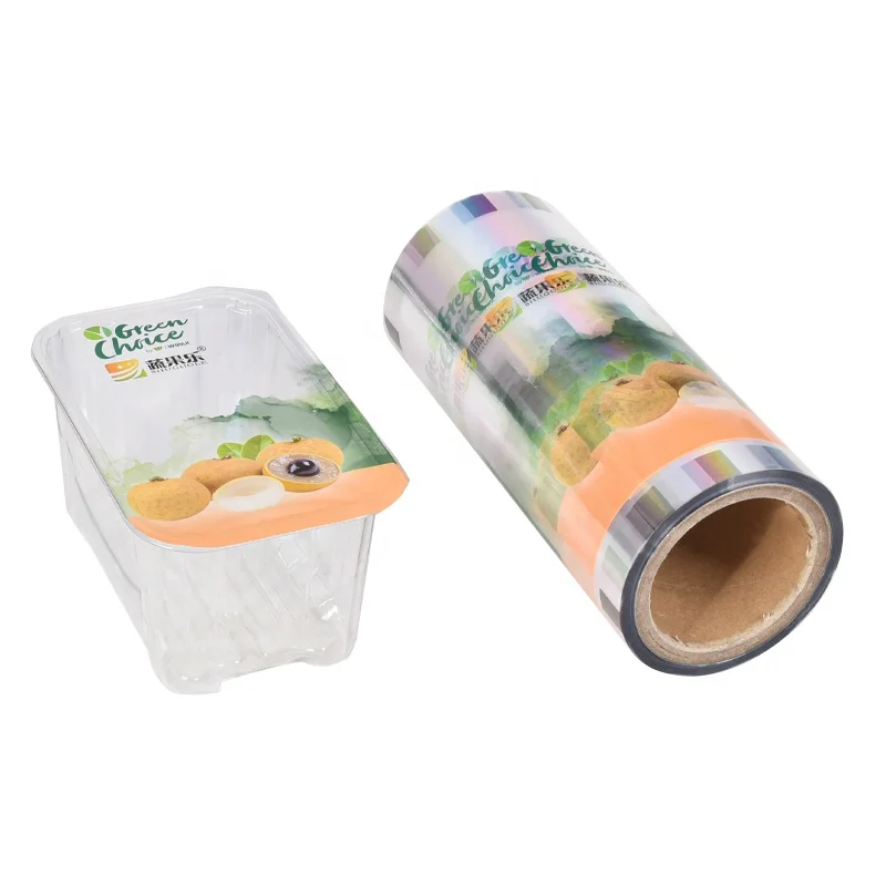 Lesui hot sealing film roll PE PET custom logo printing tray lidding thermoforming film for fruit meat food packaging