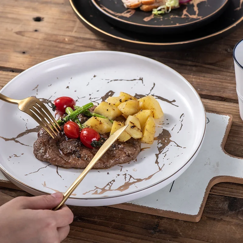 Home-style Nordic 8-inch marble disc, Restaurant Matte Gold light luxury steak plate, ceramic shallow dish