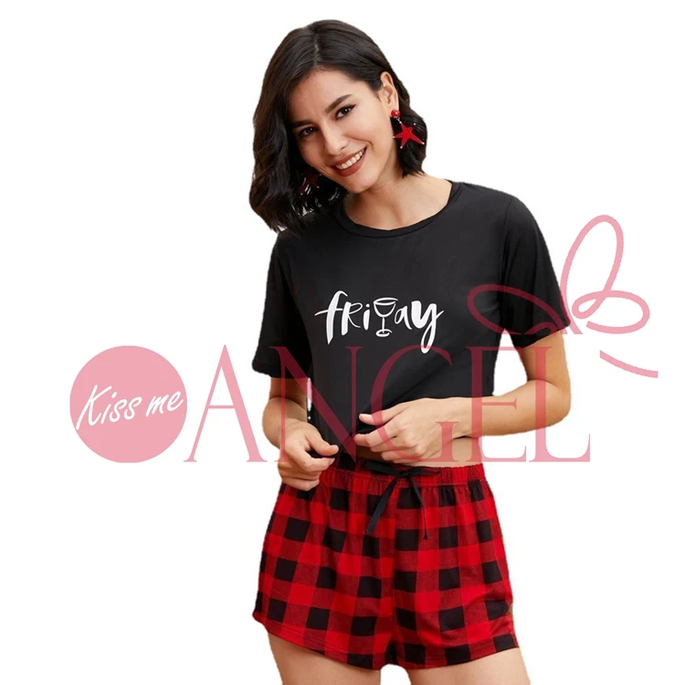 KISS ME ANGEL new arrival niche display thin dew waist letter print red plaid home clothes sexy pajamas girl