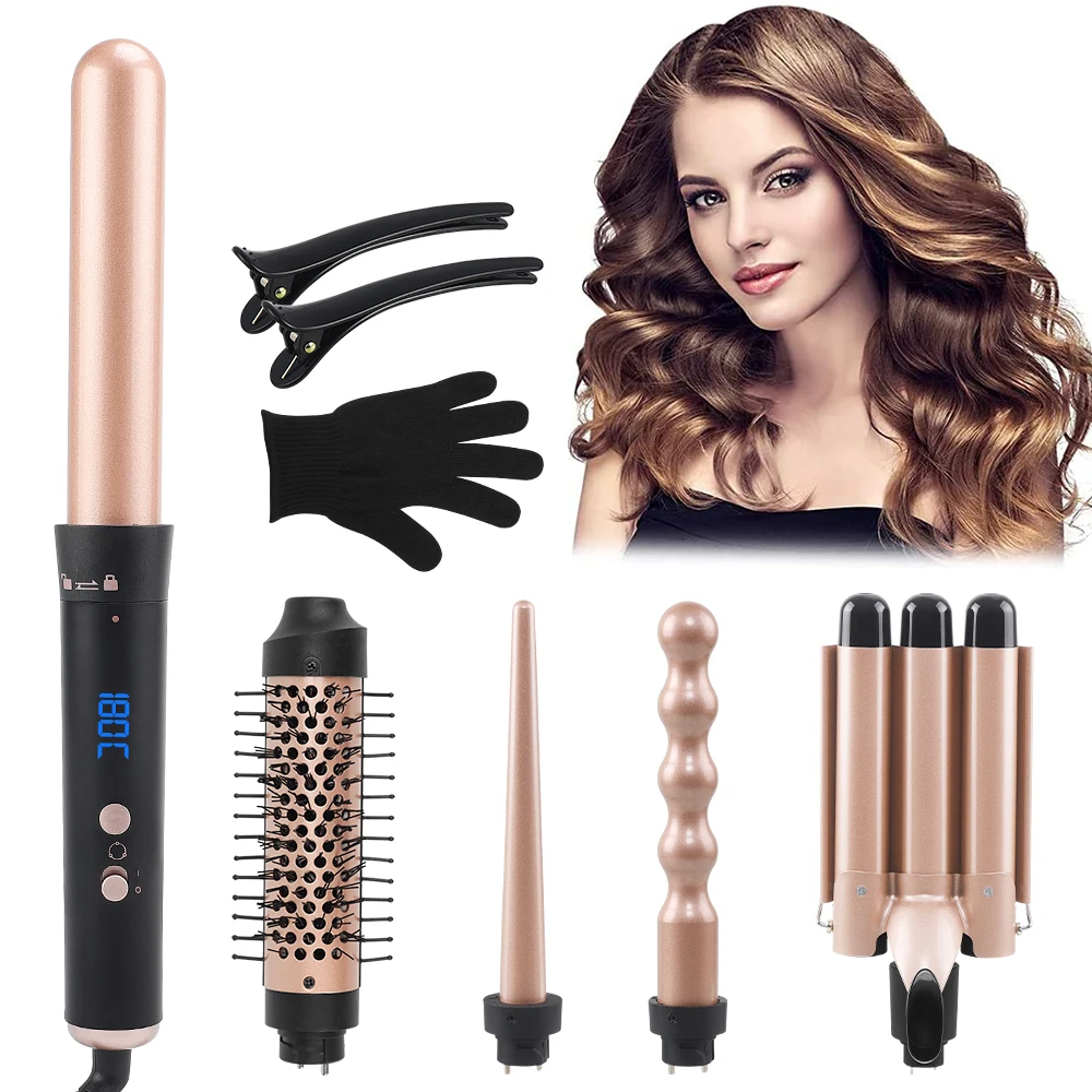 5 in 1 Hair Curling Iron Set Interchangeable Curling Iron Curling Wand 3 Barrel Hair Curler Automatic