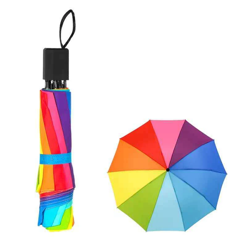 DD3489  Windproof 3 Fold 10K Manual Sun Umbrella Promotion Stick Rain Umbrellas 10K Automatic Colorful Rainbow Umbrella