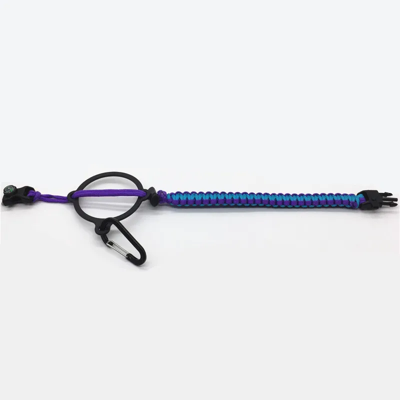 Blue paracord bottle handle with survival kit, compass, fire starter buckle for outdoor hiking camping walking