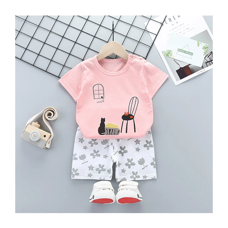 Pink Fashion Printed Boutique Baby Girl Clothing Sets 3-6 Months Hot sale Summer T-shirt Set Short Sleeve Casual Outfits Set