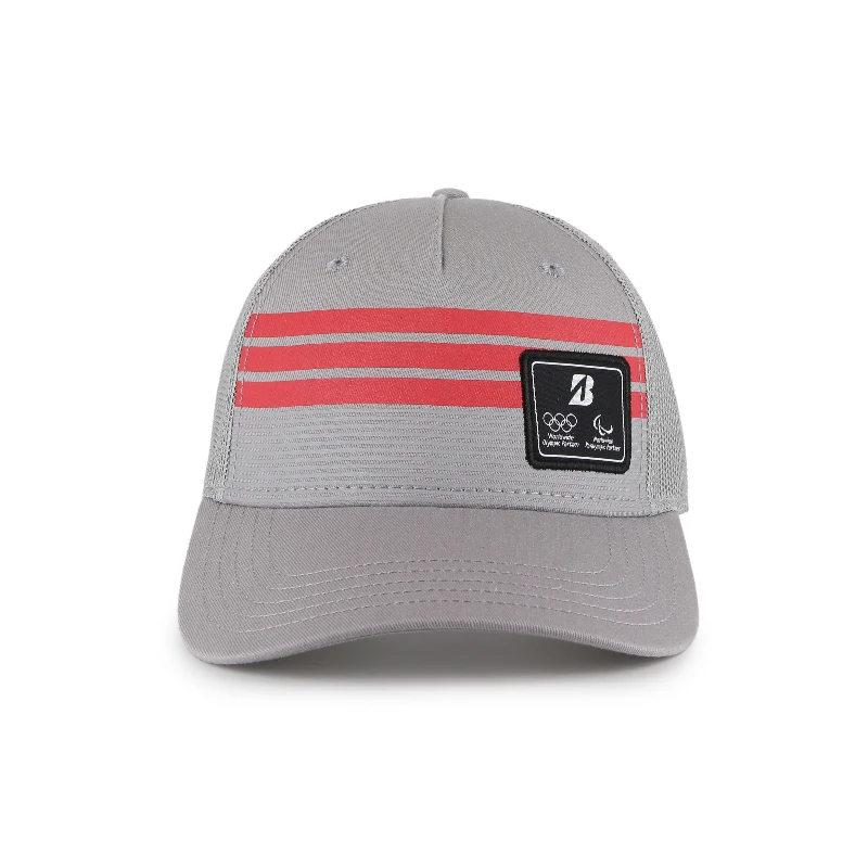 5 panel  trucker hat with custom logo  Stripe print with woven label patch