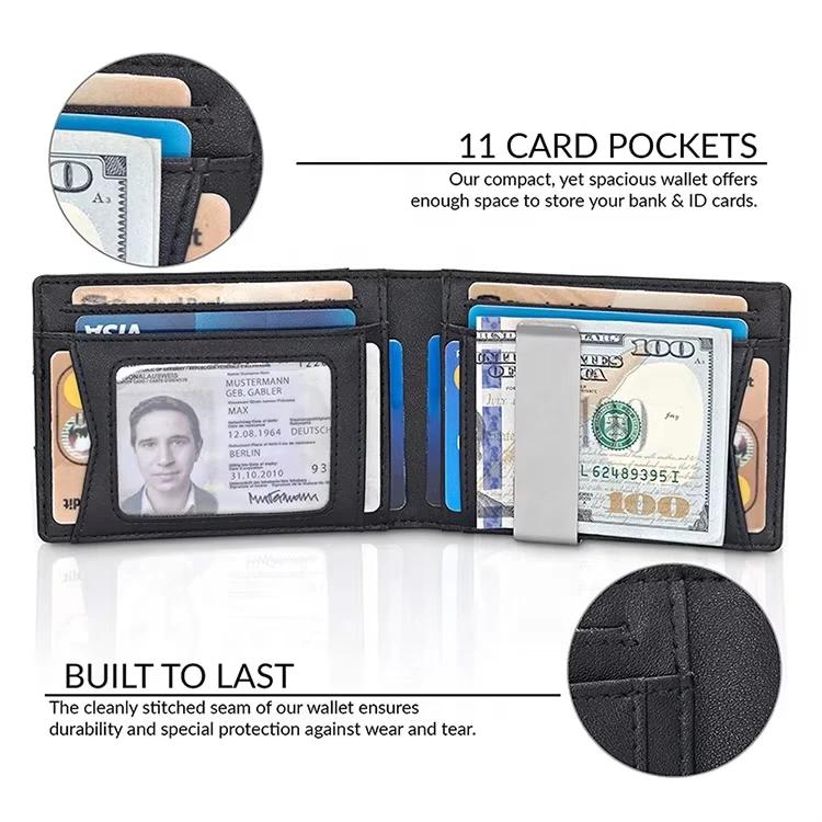 Factory Wholesale Slim Bifold Metal Money Clip Wallet RFID Blocking Carbon Fiber Leather Card Holder Wallet For Man