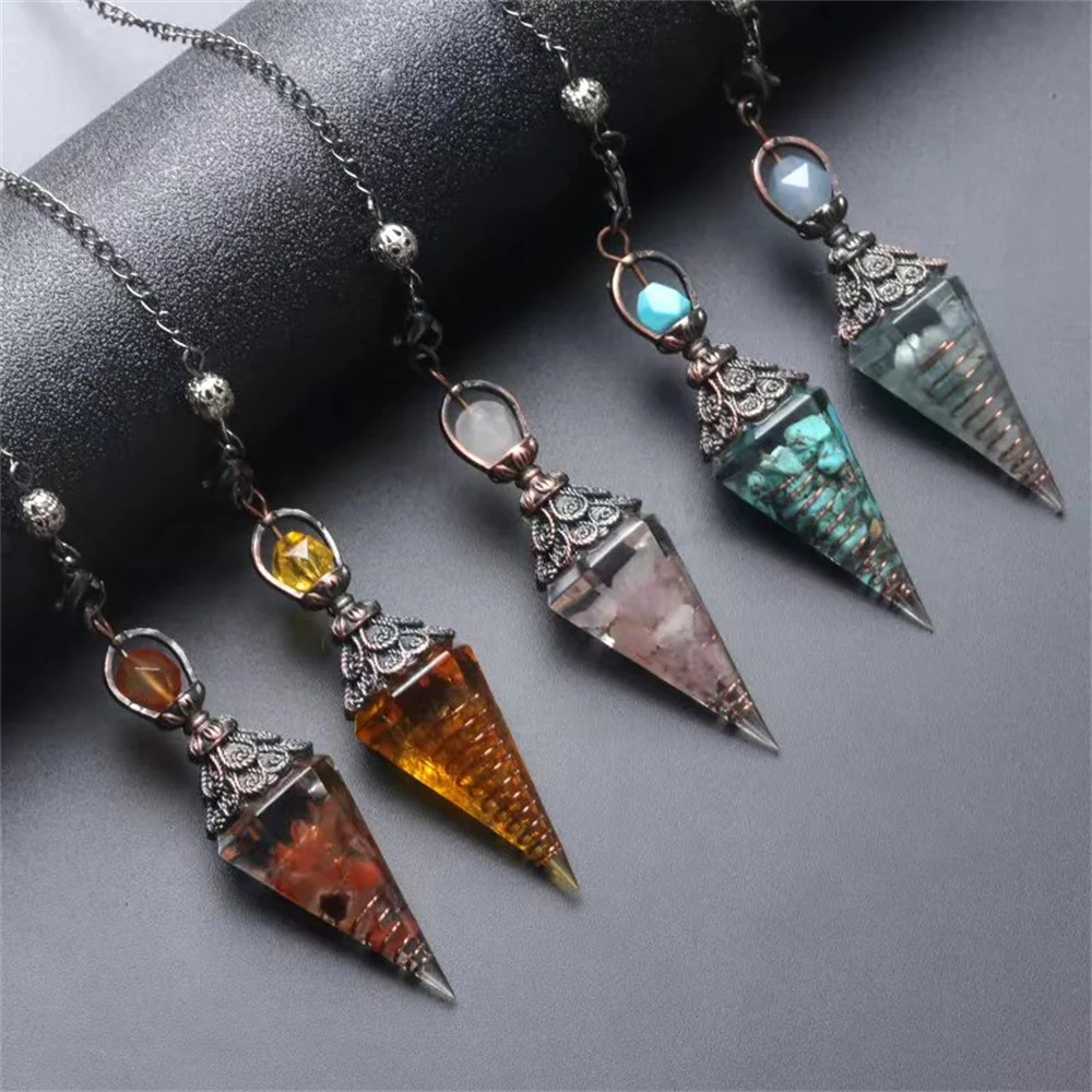 Natural Six-Color Quartz Amethyst Resin + Chip Crystals Pyramid Pendulum Pendant Rhinestone Hanging Ornament Multi-Color