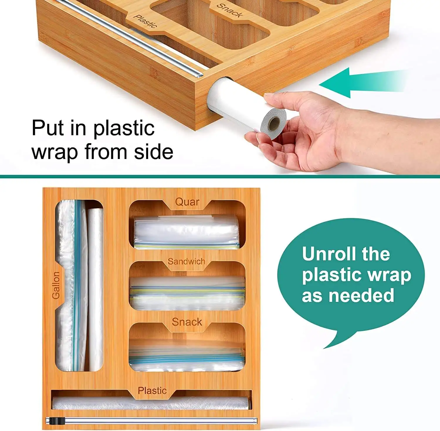 Hot selling Customized 5 In 1 Bamboo Ziplock Bag Roll Storage Organizer Plastic Foil Wrap Organizer Suitable For Kitchen Drawer