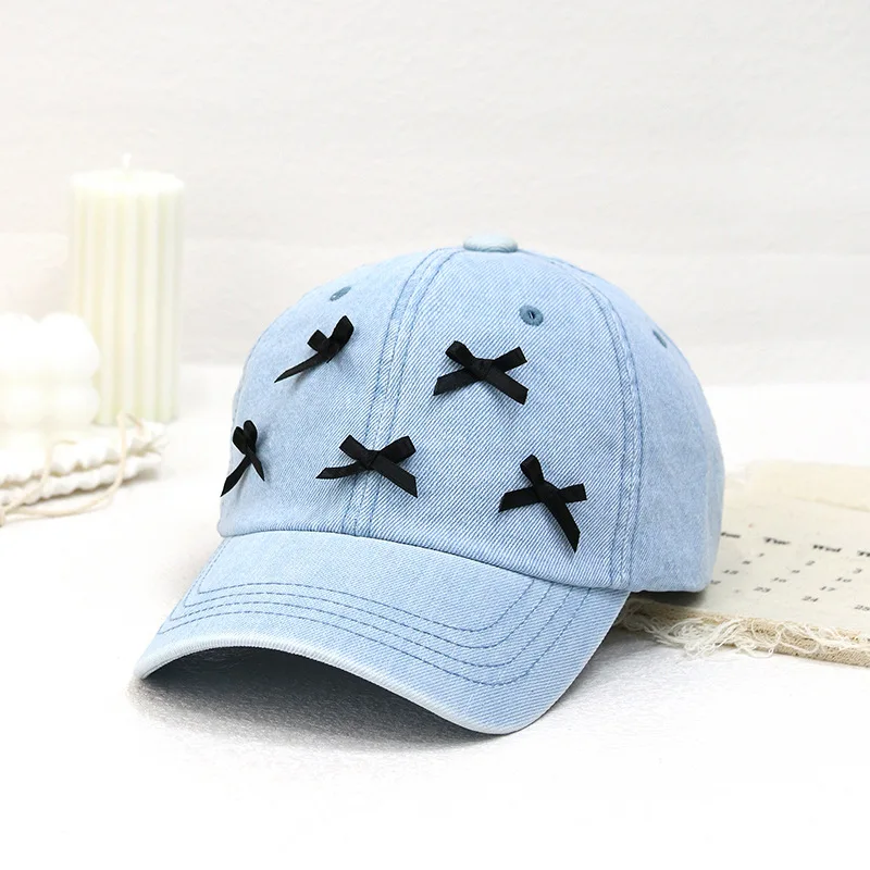 Ladies Ballet style bow Baseball Cap 100% Cotton Fits Men Women Washed Denim Adjustable Dad Hats