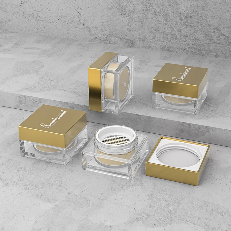 Custom Square Plastic Loose Powder Compact With Puff Jar 12.6ml Loose Compact Powder Case