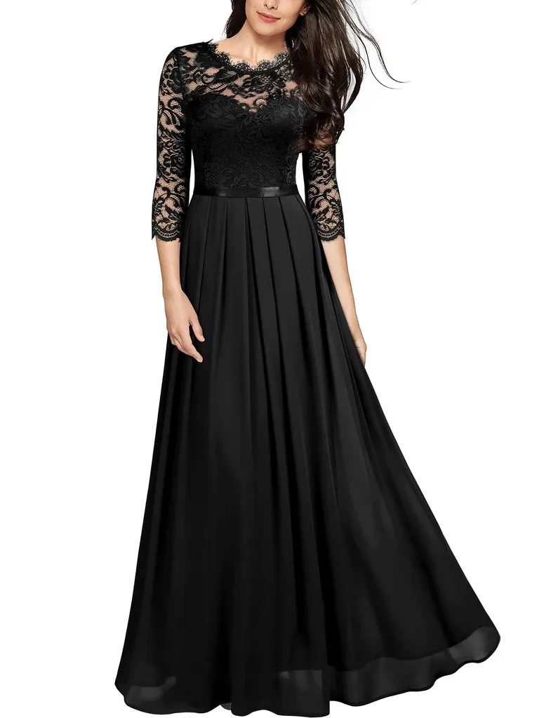 Womens Long Bridesmaids Wedding Dress Half Sleeve Elegant Lace Round Neck Maxi Ladies Evening Party