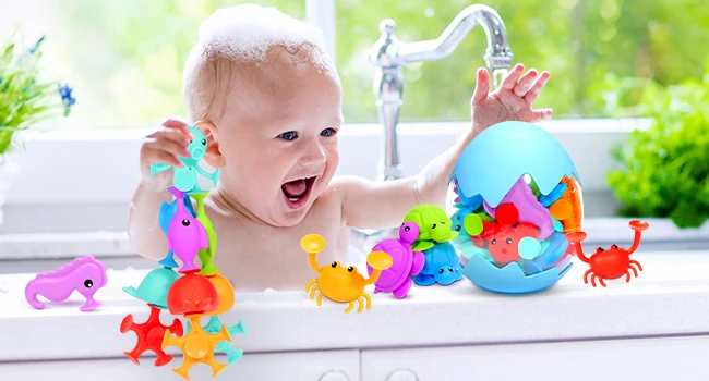 Suction Bath Toys for Kids - Fine Motor Window Toys, Silicone Ocean Animal Suction Cup Toys with Dinosaur Eggshell,