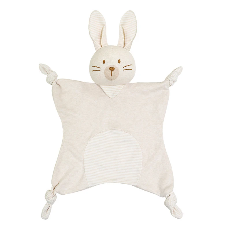 Beige stripe yarn blank bear head 100% organic cotton flannel receiving unisex baby security blanket jersey knit