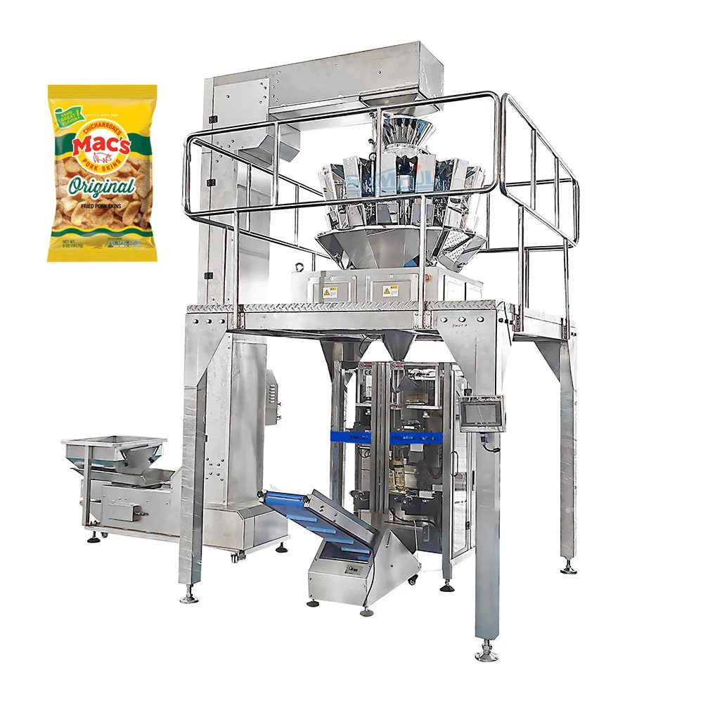 Automatic multihead weigher automatic pord rind packaging equipment vertical fried pork skins packing machine