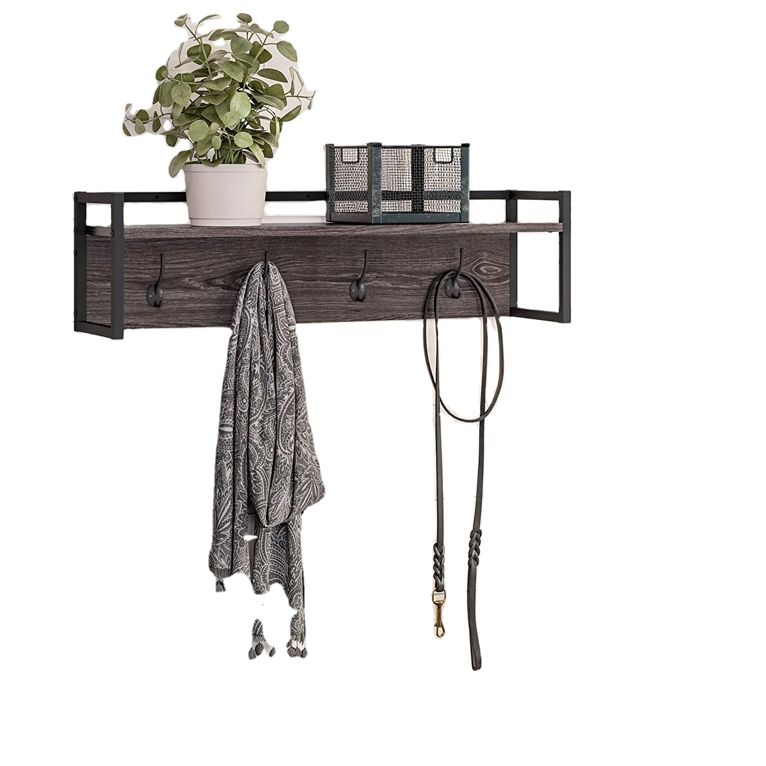 Combohome Entryway 4-Hook Metal Frame Wall Shelf Bathroom Wall Rack Wooden Clothing Shelves Bedroom Coat Rack