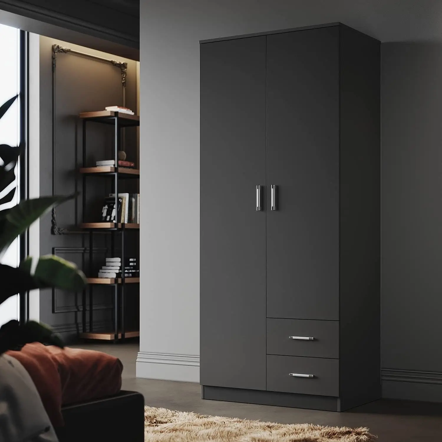 Black Wooden Wardrobe with Multi-Storage Units 2 Drawers Wardrobe with Hanging Rail for Home Bedroom