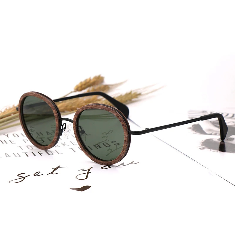 2022 Walnut Wood and Copper Round Sunglasses with Polarized Lens for Men Women Handmade Wooden Frame UV400