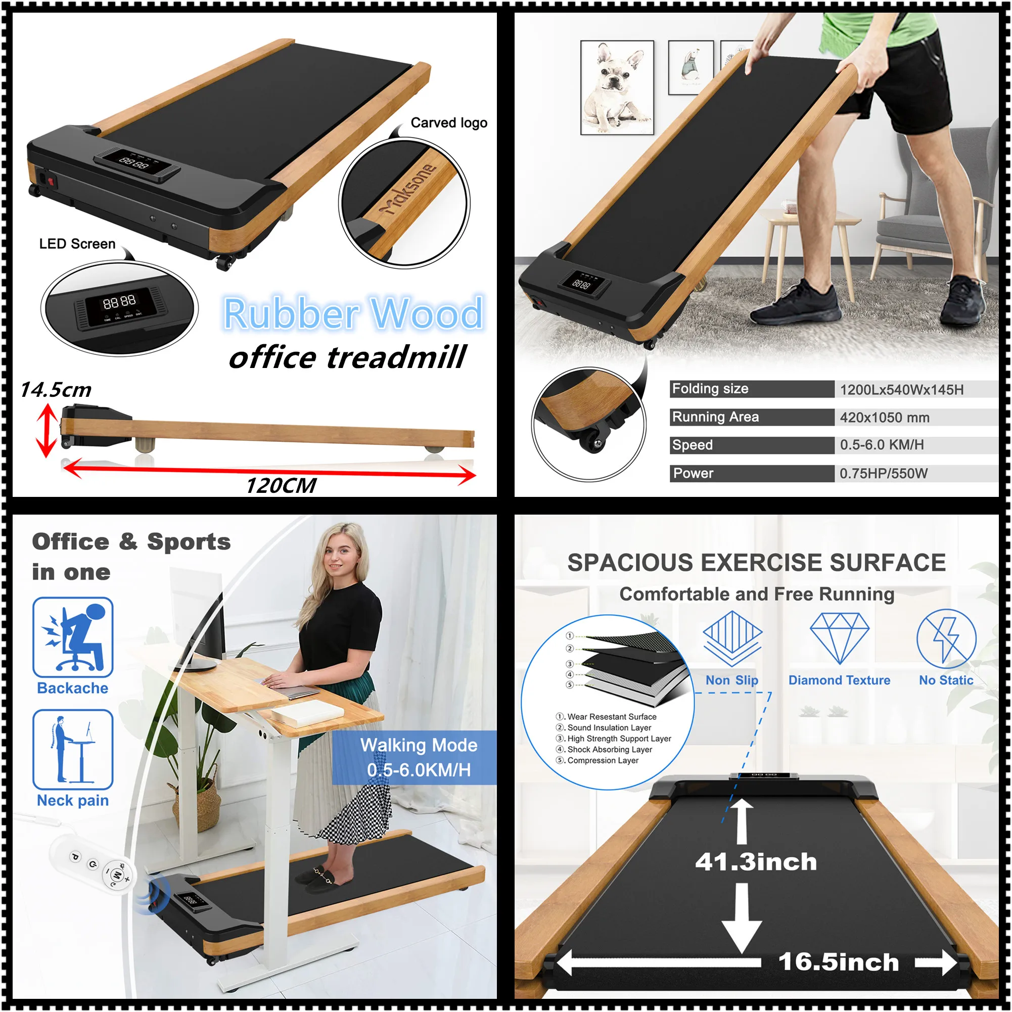 Under Desk Electric Wooden Treadmill Motorized Exercise Walking Machine for Home and office, Remote Control and LED Display