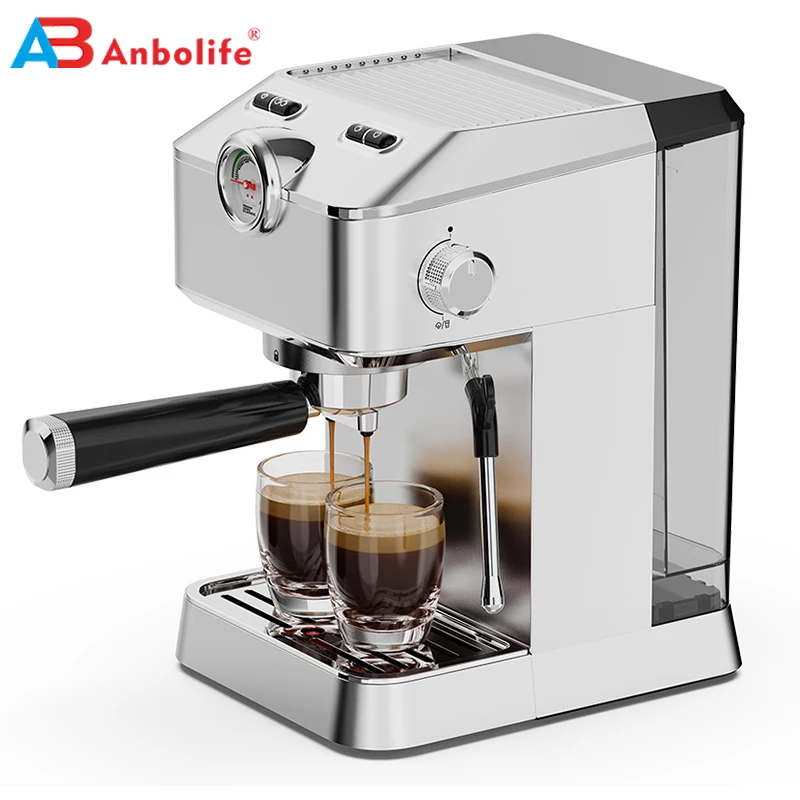 2024 Customized OEM logo Anbolife 1.2L Detachable Water tank 15 bar Pressure Gauge 2 Cup Stainless Steel Espresso Coffee Machine