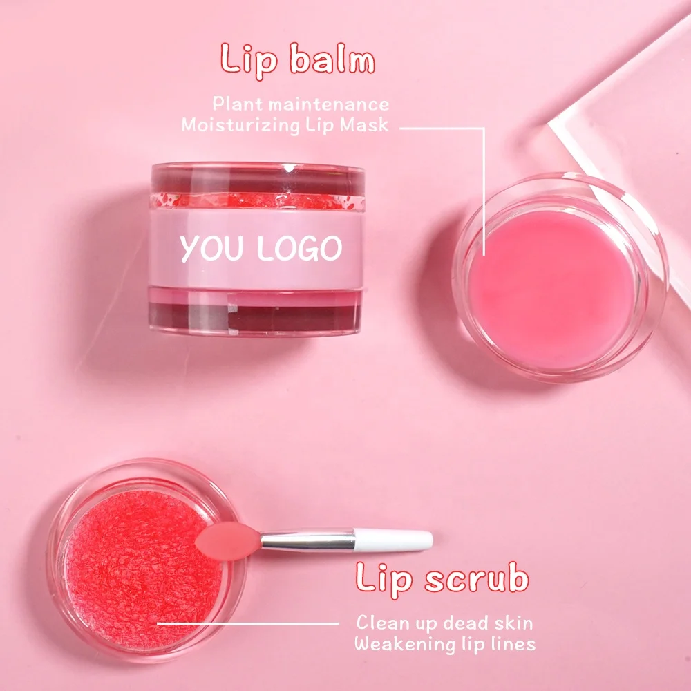 Custom Logo 2 in 1 Vegan Fruit Sugar Lipscrub Exfoliating Smooth Brightening Lip Scrub and Balm Set