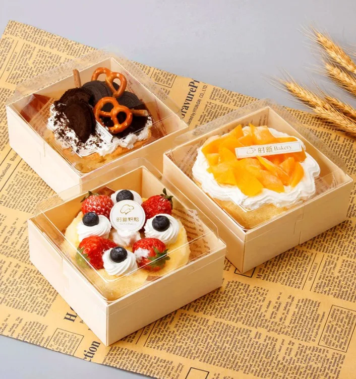 Disposable transparent 4 inch bento cake box dessert western dessert wooden packing box