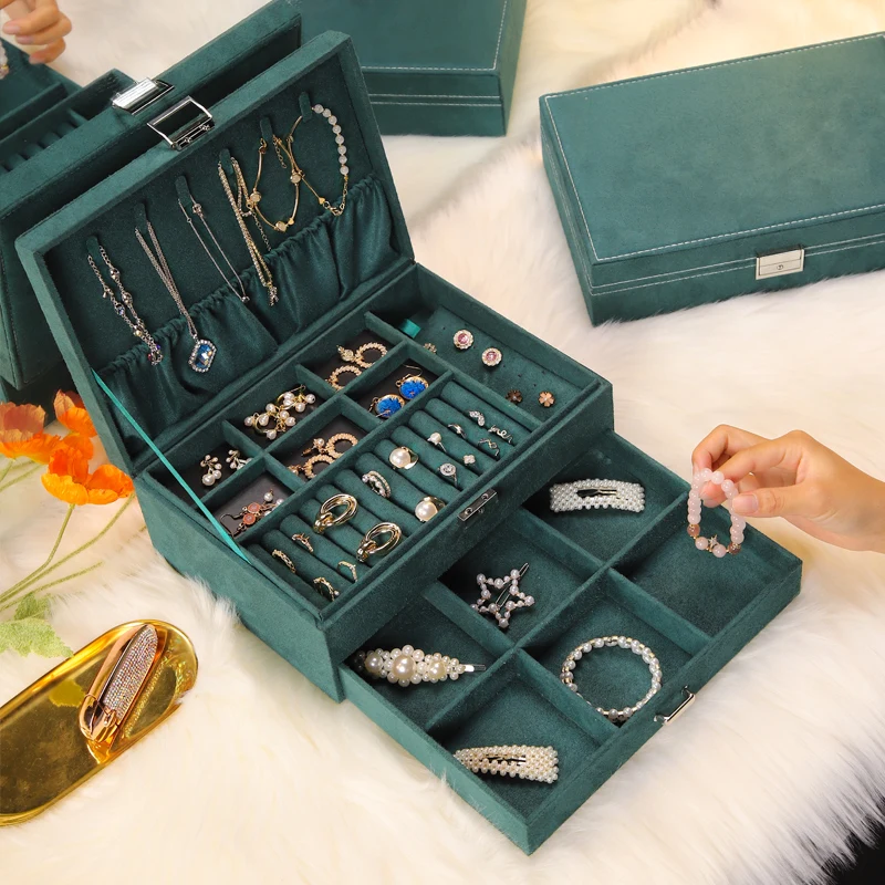 
wholesale Sell well Tray Showcase Ring Luxury Display With lock jewelry Storage Organizer velvet jewelry Box 