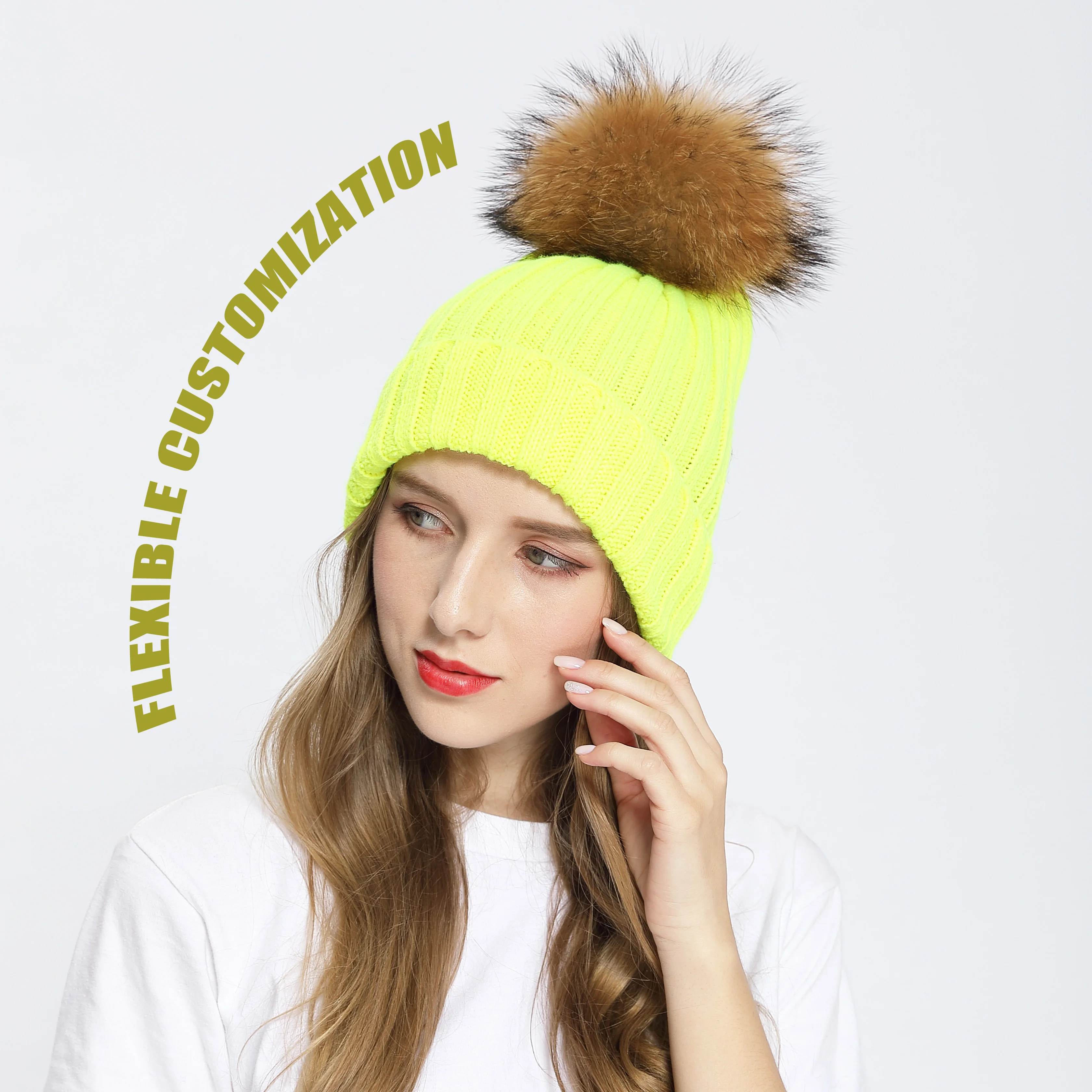 Jstar flexible customization fluorescent green pom pom beanie australia fur beanies pom pon hats