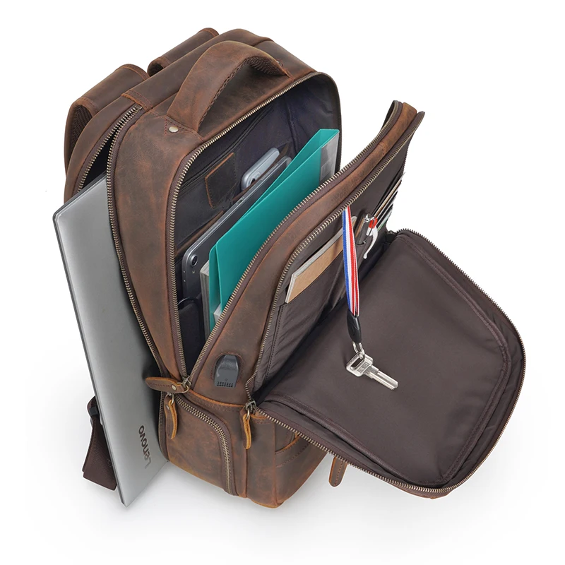 Factory Supply Wholesale Customize Design Full Grain Cow Hide Genuine Leather Laptop Bag Real Leather Backpack Men With USB