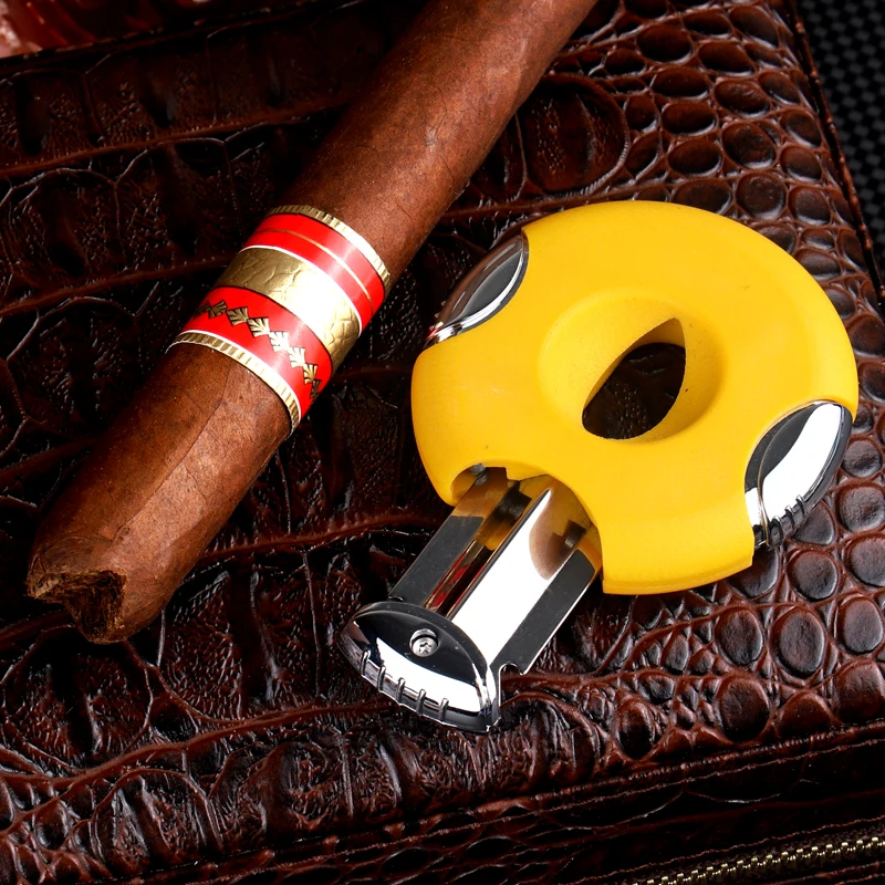 Stainless Steel Guillotine Double Cut Round Head Scissors Yellow Sharp Blades Pocket Size Classic Comfortable Cigar Cutter