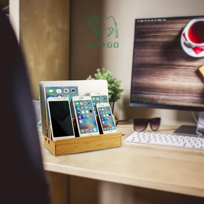 Bamboo Phone Charging Station Wood Desktop Cord Organizer Dock Station Tablet Stand Holder with 3 Slots for Electronic Devices