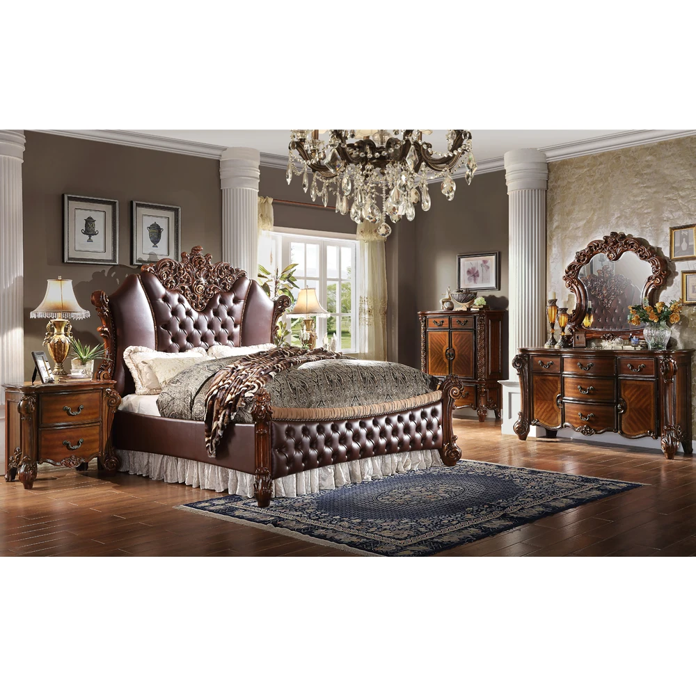 antique Luxury Italian Double leather sofa Bed frame, Royal French Design King Bed