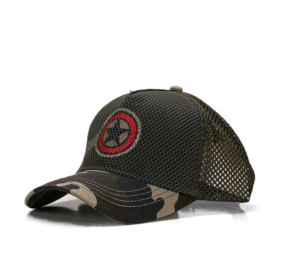 Fashion custom logo designer 5 panels full mesh sports hat camo embroidery baseball cap
